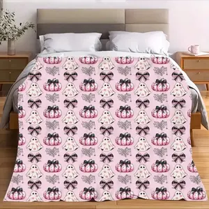 Chic Gothic Halloween Fleece Blanket Pink Pumpkin Patch with Black Bows Ghosts Soft Cozy Oversized Throw for Fall Bed Sofa Room Decor Perfect Gift for Son or Daughter Giftable Decorative Bats Oversized Machine Washable