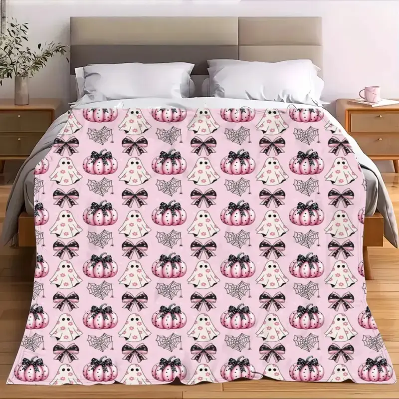Chic Gothic Halloween Fleece Blanket Pink Pumpkin Patch with Black Bows Ghosts Soft Cozy Oversized Throw for Fall Bed Sofa Room Decor Perfect Gift for Son or Daughter Giftable Decorative Bats Oversized Machine Washable
