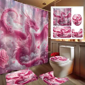 4pcs Valentine'S Day Pink Dragon Printed Shower Curtain Set, Decorating Bathroom Set Includes 2D Flat Printed Shower Curtain, Non-Slip Floor Mat, Toilet Seat, Bathroom Mat And 12 Plastic Hooks, Bathroom Accessories, Home Decor, Dorm Deco