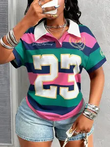 Sweet Cool Style Colorblock Striped Polo Shirt for Women, Casual Sporty Look, Number 23 Print, Slim Fit, Daily Wear, Street Fashion, Urban Trend