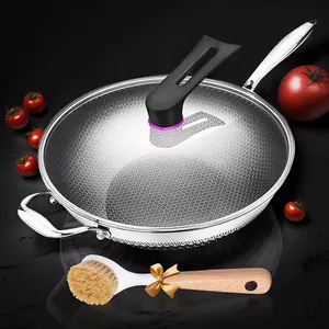 13-INCH LARGE WOK STAINLESS STEEL NONSTICK FRYING PAN W/ LID BRUSH FOR INDUCTION