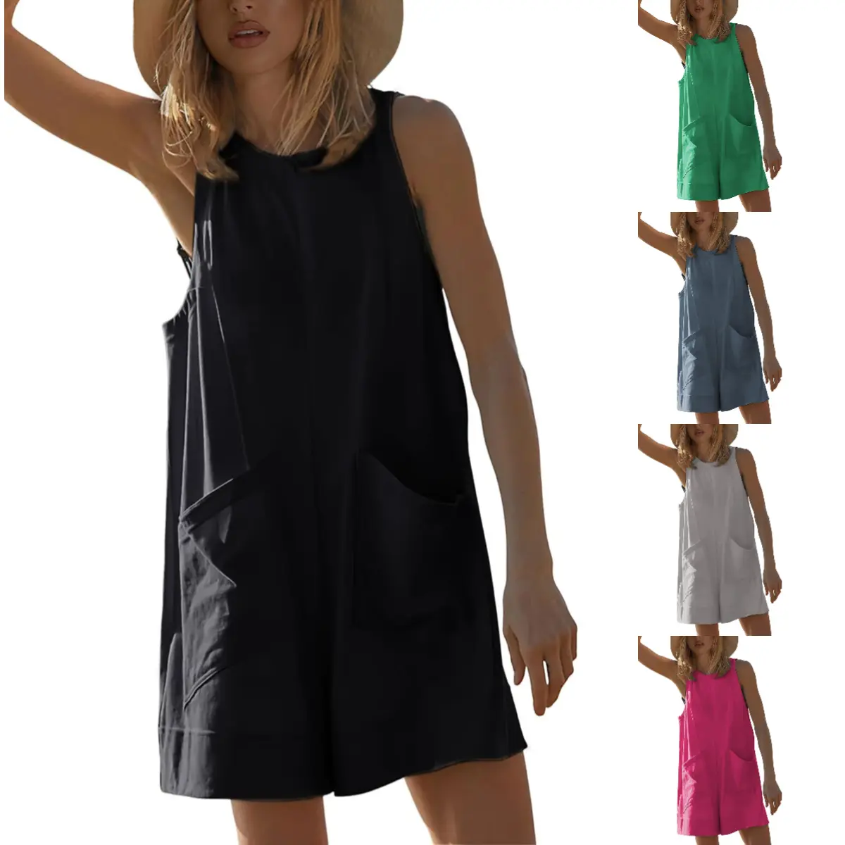YeeZaa Women's Casual Rompers Stretchy Onesie Summer Sleeveless Shorts Jumpsuits with Pockets Cotton Womenswear