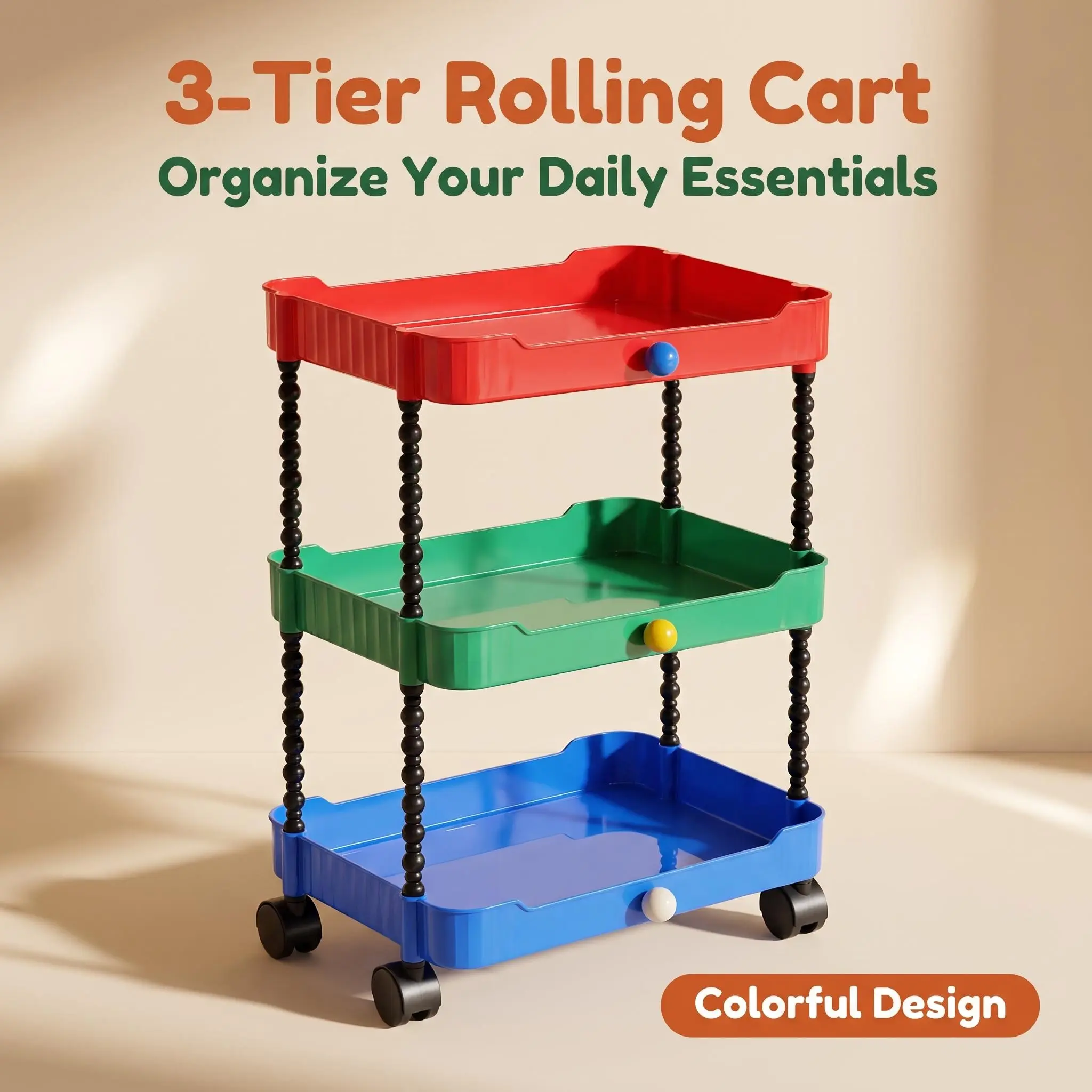 3-Tier Color Block Mobile Rolling Storage Cart, Movable Utility Organizer Trolley for Classroom, Home Art Craft