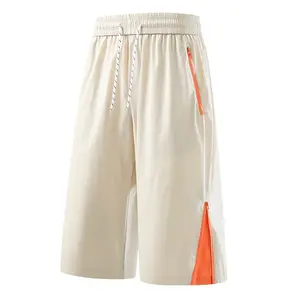 Cooling Ice Silk Knee Length Bermuda Shorts for Men Women, Color Contrast Orange Zipper Pockets Loose Elastic Waist Quick Dry Lightweight Summer Casual Streetwear Basketball Shorts