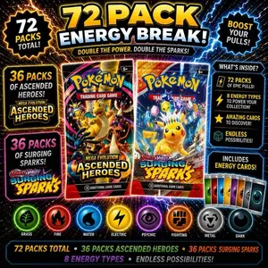 Ascended Heroes and Surging sparks Pokemon Energy Break 72-Pack Trading Card Box (36 packs of ascended heroes and 36 packs of Chaos Rising)