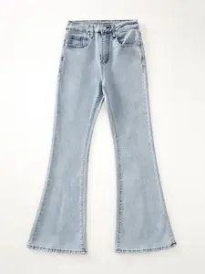 Women's High-Waisted Washed Denim Flare Jeans, Stretchy Butt-Lifting Micro-Flare Long Pants, Vintage Slim Fit, All Seasons Casual Wear