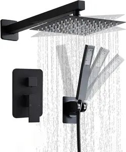 12 Inch Matte Black Shower Faucet Set with Square Rain Shower  and Handheld Spray, Wall Mounted Rainfall Shower  with Handheld Combo, Bathroom luxury Shower System with Valve and Trim