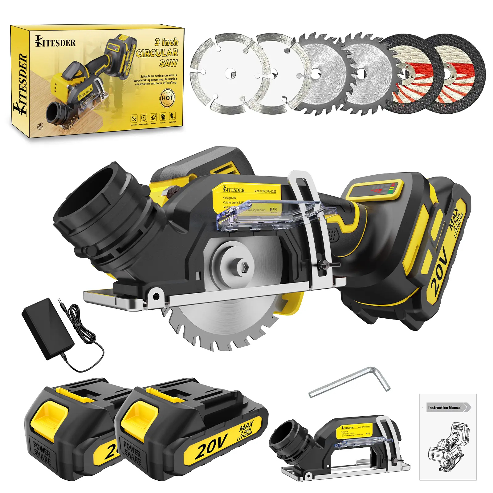 KITESDER 20V Cordless Mini Circular Saw, 3 Inch 19500 RPM Power Saw with Adjustable Cutting Depth, Quick Blade Change & Dust Collection, for Wood/Metal/Tile Cutting, Woodworking & Gardening