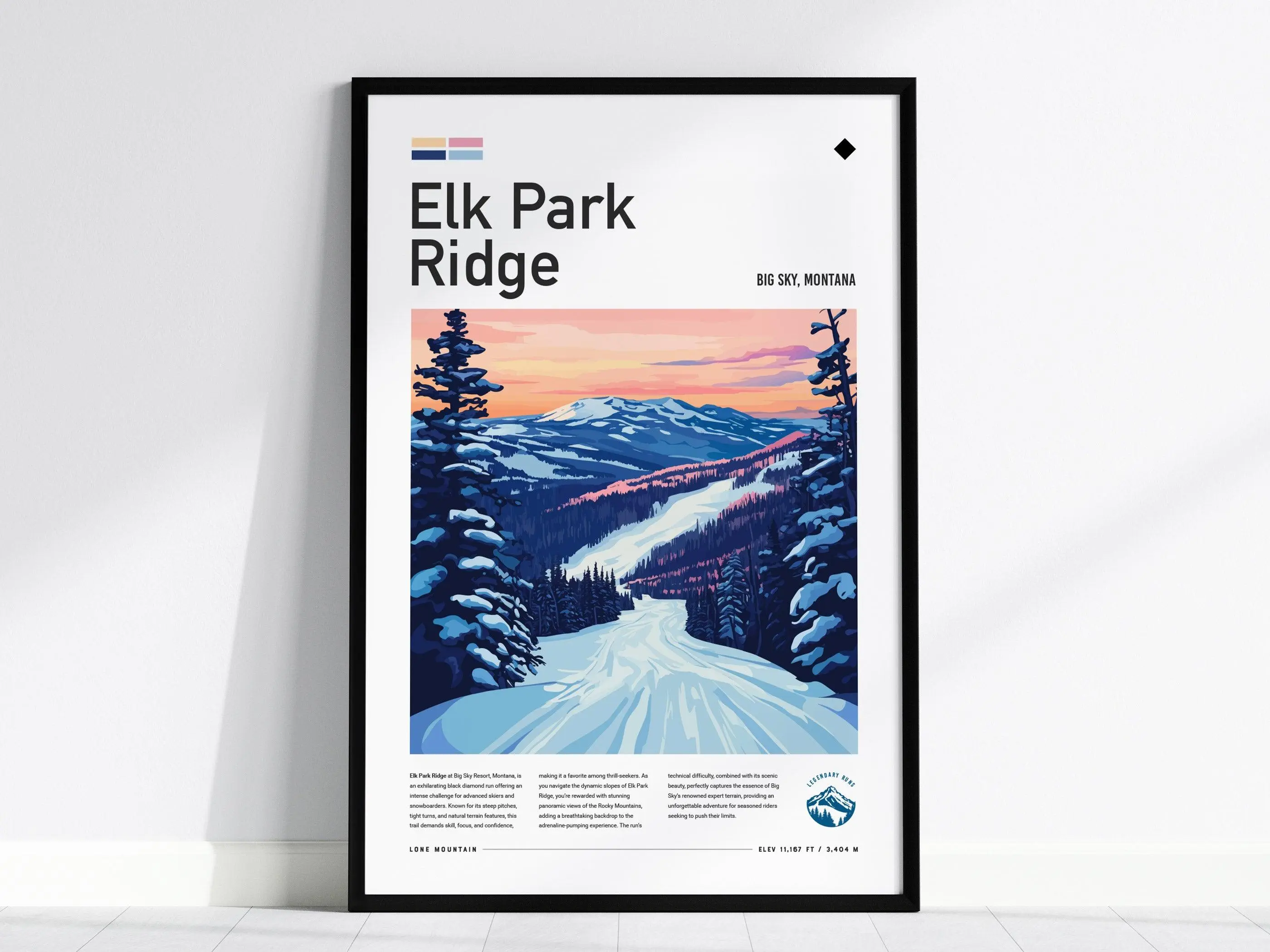 Elk Park Ridge Ski Poster | Big Sky Montana Resort Wall Art | Framed or Unframed