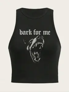 Women's Bark for Me Wolf Pattern Short Tank Top, Y2K Street Style Gothic Sleeveless Shirt, Letter Print Collared Crop Top, Streetwear