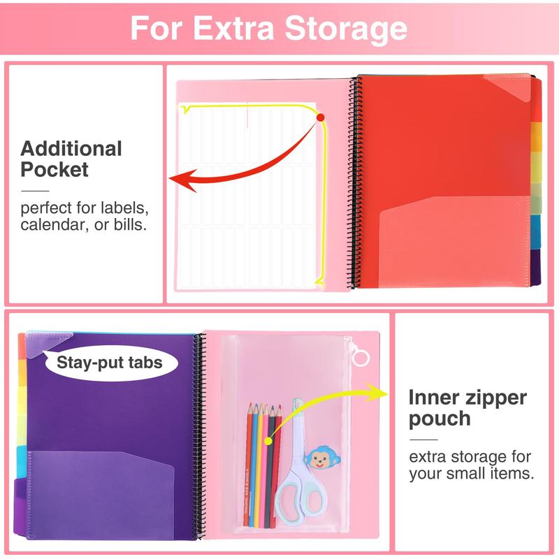 24 Pocket Project Organizer,  1/3-cut Tab Binder Organizer with Sticky Labels, Multi Pocket Folder with Zipper Pouch, Folder Binder Spiral Pocket Notebook, Office Supplies, Letter Size, Blush