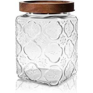 Vintage Glass Jar with Wood Lid - 24 OZ Airtight Canister for Kitchen Pantry Bathroom, Decorative Storage Container for Candy, Cookie, Coffee, Sugar, Oats, Tea, Dried Fruit, Treat, Snack, Nut