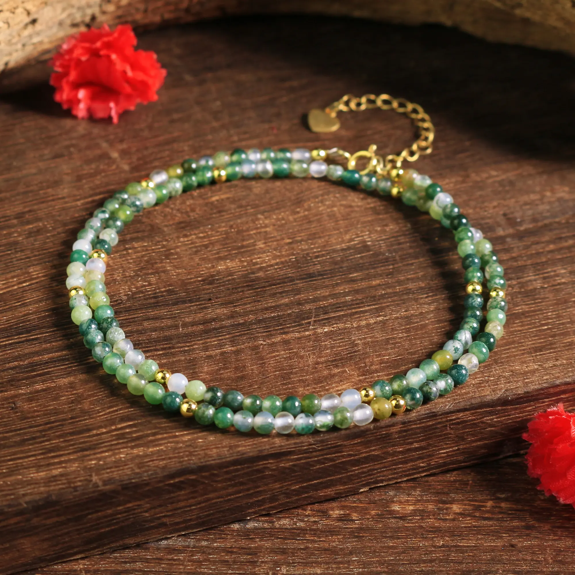 Natural Moss Agate 2MM Round Tiny Beads Choker Necklace, Natural Stone Gemstone Healing Energy Jewelry, Dainty Minimalist Boho Accessory for Adults' Daily Wear, Birthday Gift