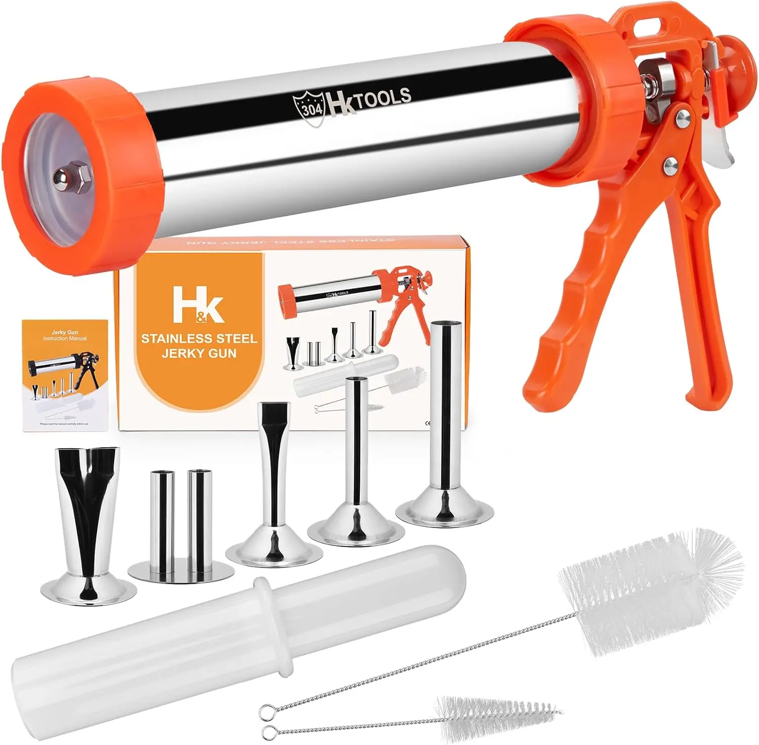 Durable Manual Jerky Maker Stuffer Set - 2lb Capacity Stainless Steel Sausage Gun, 5 Different Nozzles, 1 Large Cleaning Brush, 1 Stomper, 2.86lb Home Kitchen Meat Utensil for Beef Jerky