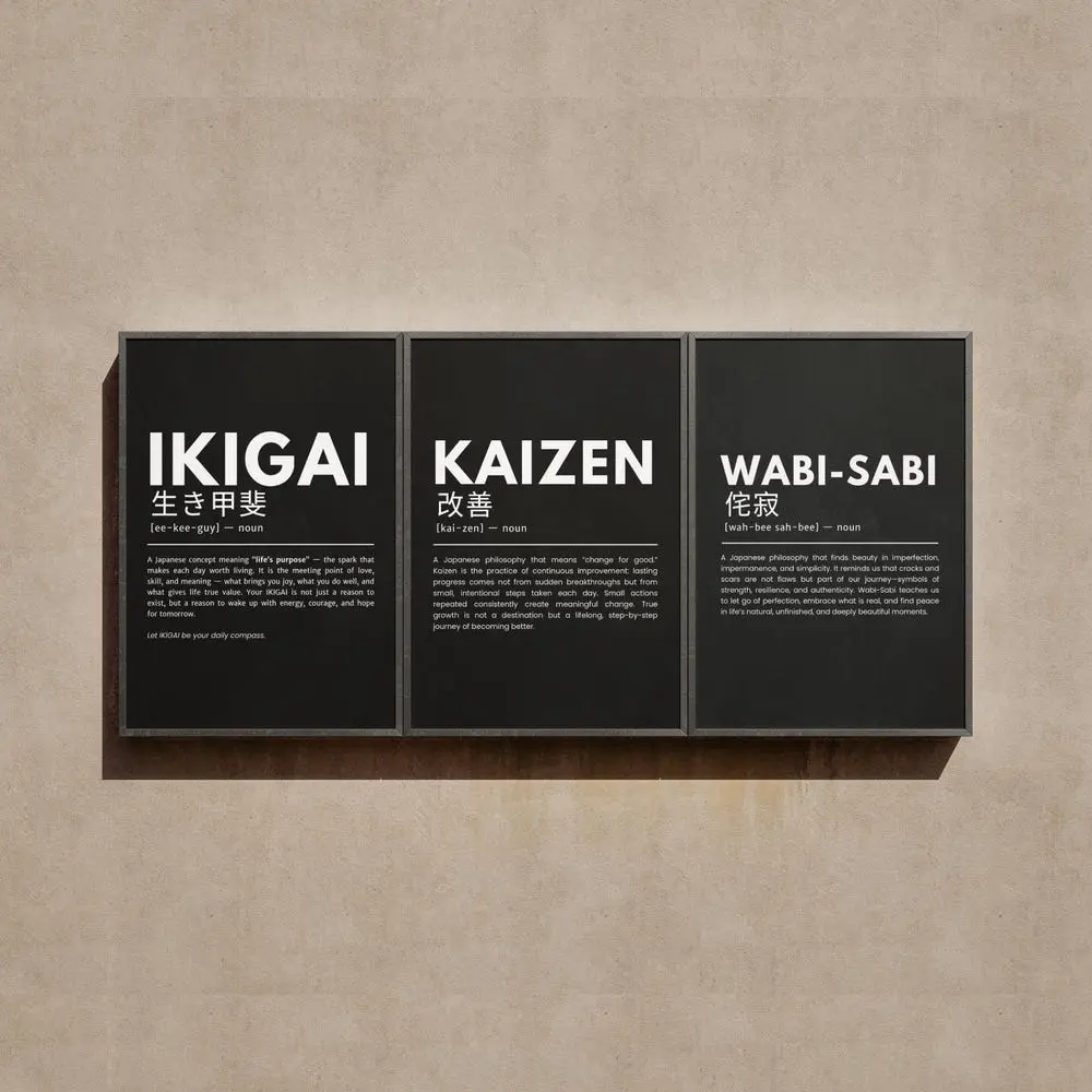 Japanese Definition Wall Art Set of 3, Ikigai, Kaizen, Wabi-Sabi, Posters, Printable Wall Decor