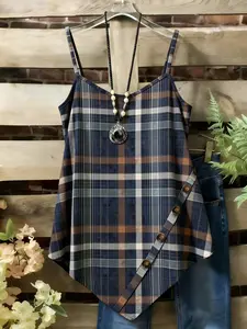 Women's Casual Vacation Plaid Print Adjustable Button Irregular Hem Solid Color Strap Dress, Fashionable and Comfortable Design