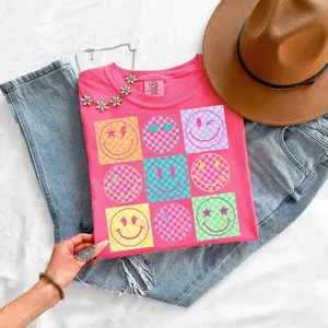Comfort Colors Neon Summer Smiley Face T-shirt, Checkerboard Beach Life Graphic Tee, Trendy Summer Distressed Beach Shirt