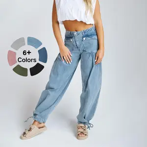 PWEST Lotus Tube Jeans Mid Rise Stretchy Denim with Front Pockets & Ankle Ties Casual Fashion Denim Trousers for All Seasons