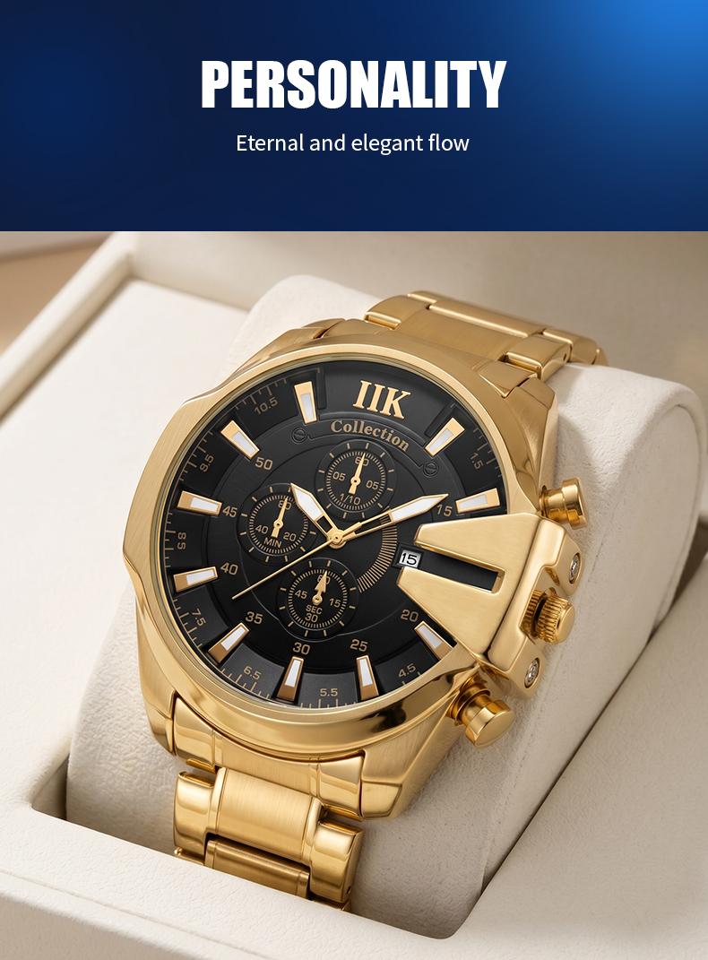 Swiss Quality Luxury Chronograph Watch for Men - Gold Tone Sport Wristwatch with Black Dial, Luminous Hands & Date Window