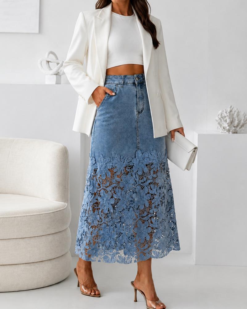 CHICME Women's Guipure Lace Spliced Denim Skirt High Waisted Jean Skirt French-Style Casual Skirt CHICME Women's Guipure Lace Spliced Denim Skirt High Waisted Jean Skirt French-Style Casual Skirt