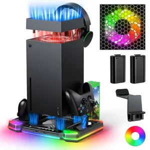 Top Auto Cooling Fan & Charge Stand for Xbox Series X Console with 11 Light Modes, Accessories Controller Wireless Charger Dock, 2 * 1400mAh Rechargeable Batteries, Headset Stand & Game Disc Storage