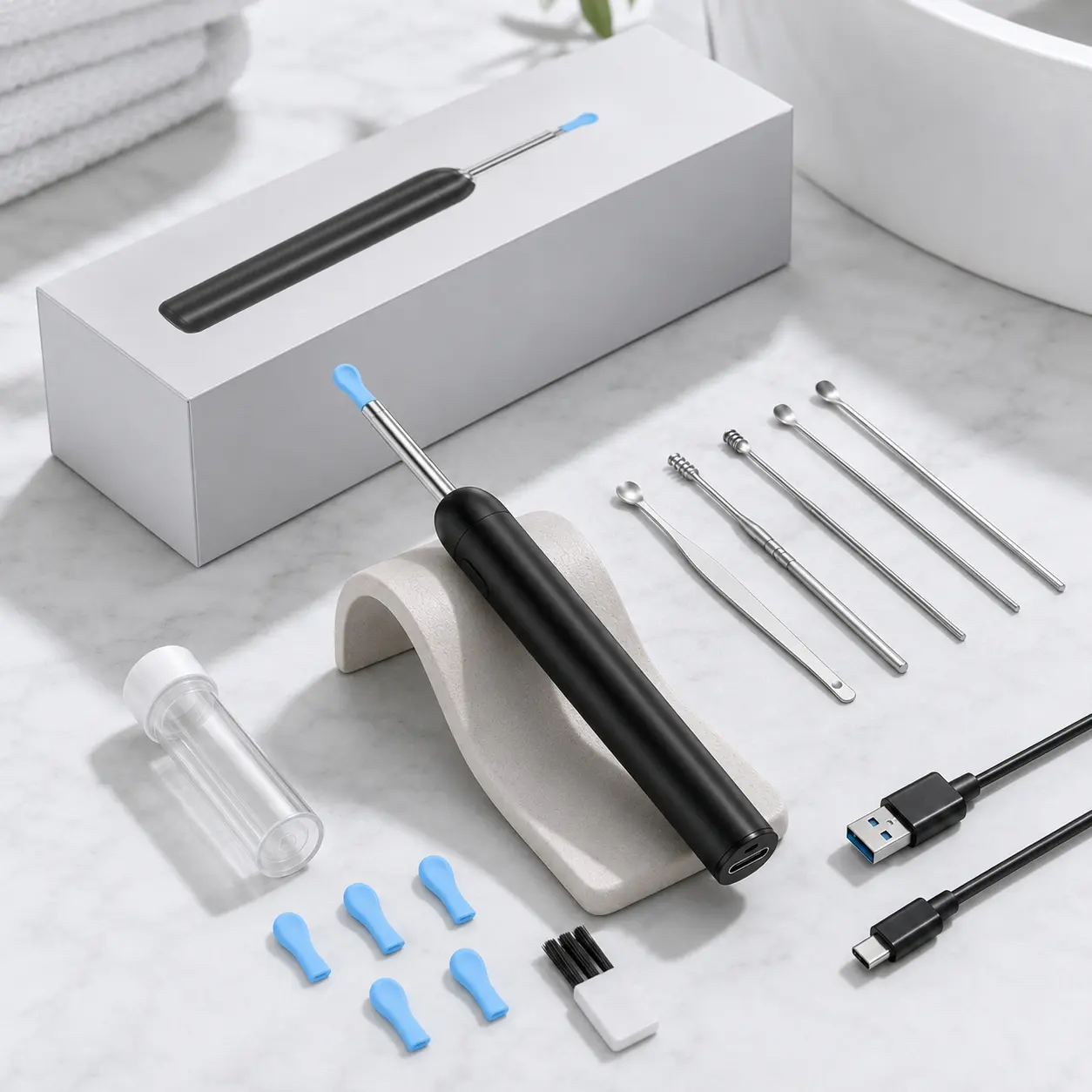 9pcs Gentle Ear Pick Set, Spring Wireless Otoscope with HD Waterproof Camera, See Wax Clearly, Unisex Use, Safe & Easy Operation, Compatible with iOS & Android Phones & Tablets (Home Supplies, Party Bag Gift Option)