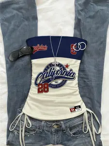 Women's Fashion Comfortable Fitted Digital Print Colorblock Drawstring Adjustable Length Cropped Tank Top, Stylish Sleeveless Blouse for Casual Wear