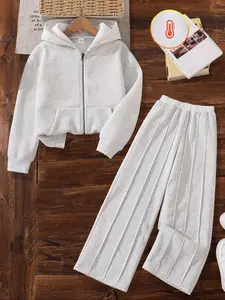 Girls' Fleece Lined Hooded Sweatshirt Set, Long Sleeve Zipper Design, Fitted, Elastic Waist Pants, Casual Comfortable