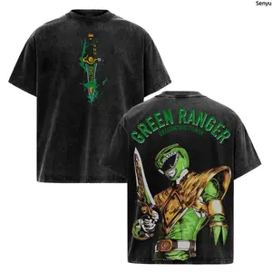 Green Ranger Power Rangers Edition Double Printed Oversize Lightweight Acid Washed Tee TV Series Graphic Design Top Cotton Streetwear Movie T-Shirt Clothes Menswear Womenswear Apparel Classic Gamis Operator Casual Tropical Crewneck Tshirt Shortsleeve