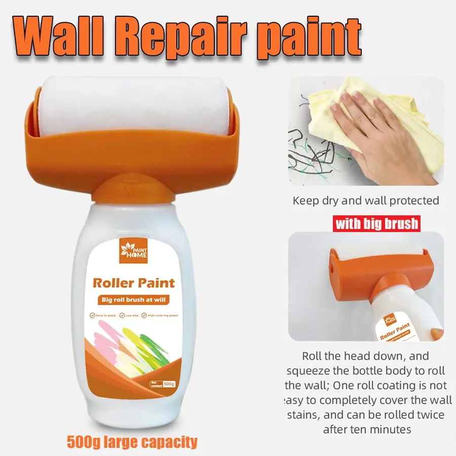 White Wall Repair Roller Paint, Quick-Cover Odorless Touch-Up Paint with Roller Brush, Easily Covers Dirt and Graffiti on Living Room and Bathroom Walls
