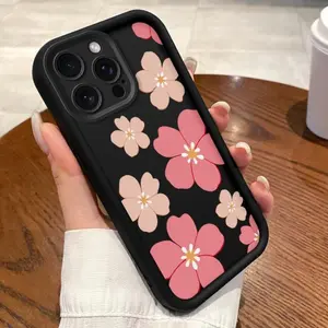 Black with Pink Flower Patterns Phone Case for IPhone 17 Pro Max 16 Plus 15 14 13 12 11 Air E Shockproof Full Camera Protection Durable Slim Silicone Cover