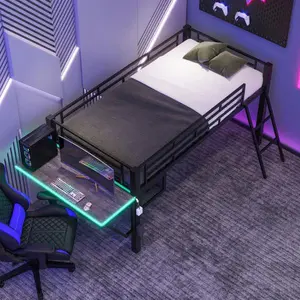 Bellemave  Gaming mid loft bed with desk, LED, Twin, Black  A gaming bed, desk and storage built into one