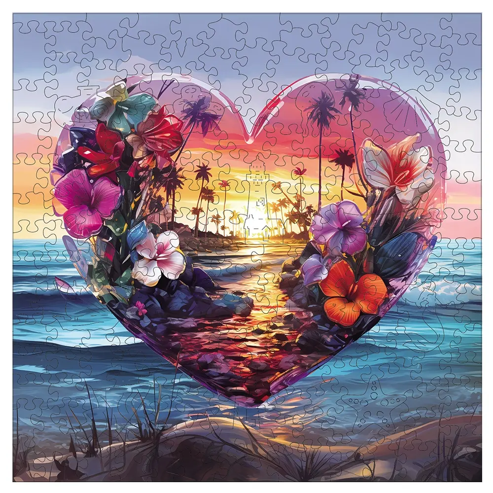 Unique Wooden Handmade Creative Puzzle for Adults, Heart-Shaped Sunset Landscape Jigsaw Puzzles, Irregular Shape Art Decor Gift for Friends & Family