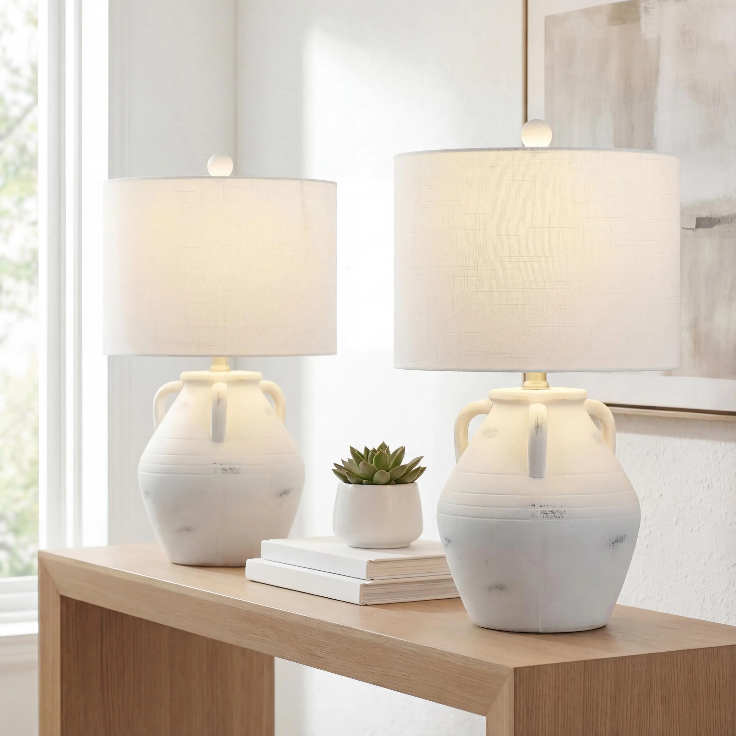JONATHAN Y Altea Table Lamp 20.5" Ceramic Pottery Jar, White, Set of 2 | Rustic Coastal French Country Style, Shabby Chic Minimalist Decor, Linen Drum Shade, LED Bulbs Included