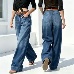 trendy  jeans Wide Leg Jeans for Women Mid Waist Baggy StitchDecorDenim Washed Pants Without Belt Medium Blue trendy