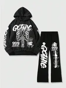 Two-piece Set Men's Halloween Skeleton Graphic Print Drop Shoulder Hoodie  & Elastic Waist Sweatpants  Regular Fit Casual Fashion Cozy Breathable Matching Set Two Piece Outfits for Daily Wear, Men's Clothes for Fall & Winter