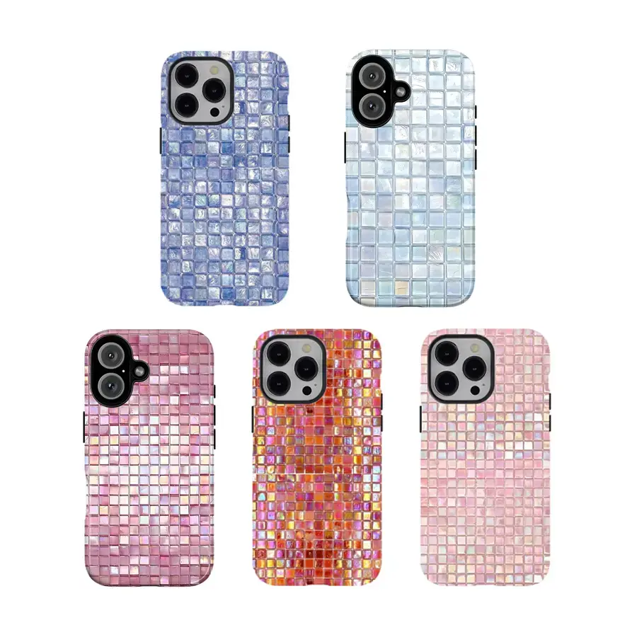 Y-Iridescent Mosaic Tile Phone Case for iPhone 11 12 13 14 15 16 17 Pro Max Plus Mini | Holographic Mermaid Core Cyber Y2K Aesthetic Trendy Shock Absorbent Rugged Bumper Cover Backing