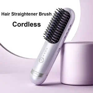 Cordless Hair Straightener Brush - Portable Straightening Brush for Travel, Mini Ionic Hot Comb Straightener for Women, Lightweight on-The-go, Cordless & Fast Charger Dual Power, violet