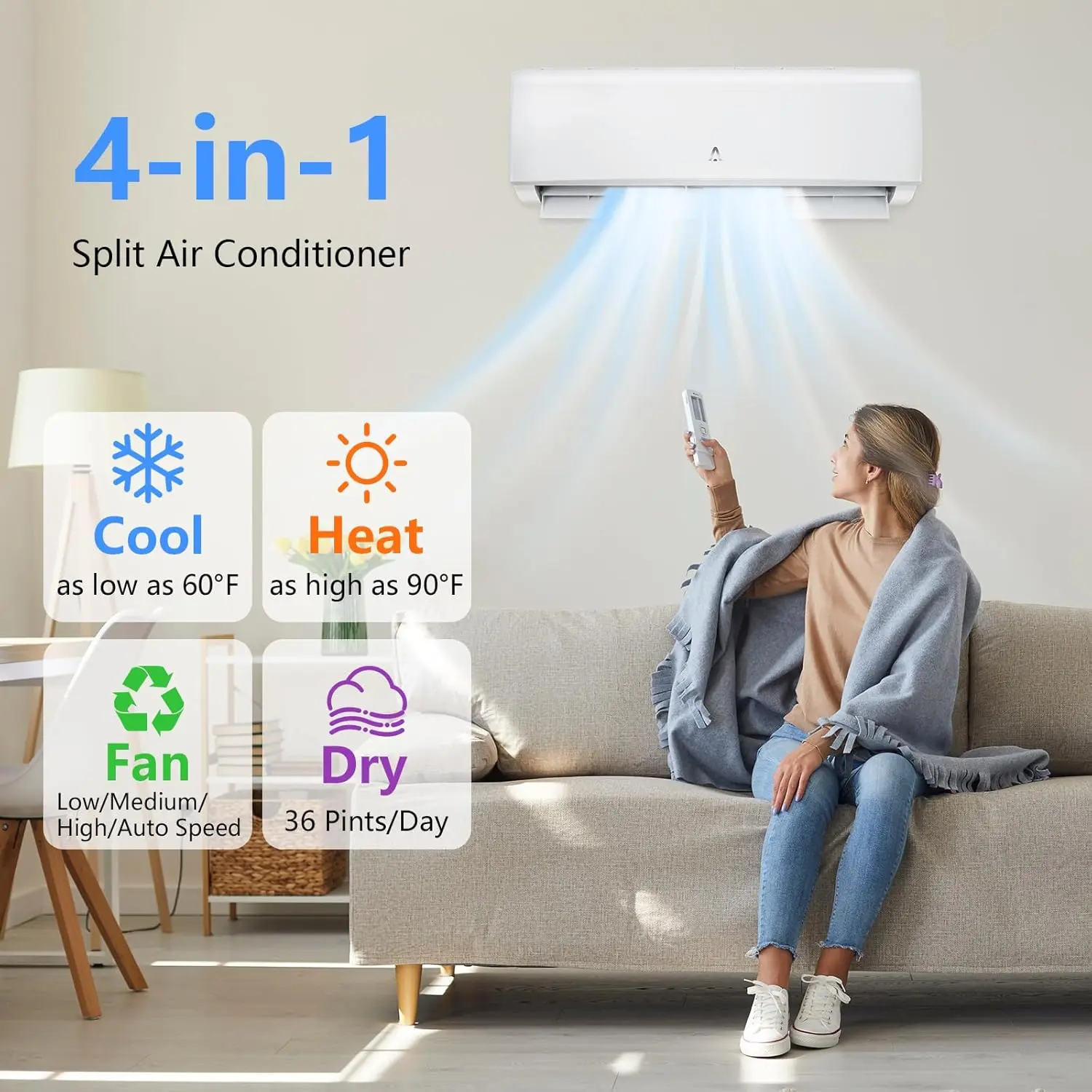 9000 BTU WiFi-Enabled Split Type Aircon, 19 SEER Energy Saving AC Heat Pump with Heater, Alexa-Compatible, Remote Control Included, for Rooms Up to 450 Sq Ft