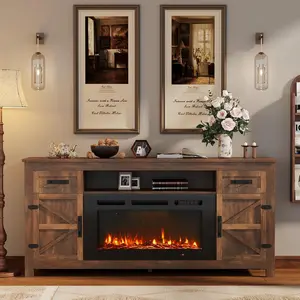 【Ships 2 Packages】70" Electric Fireplace TV Stand with Barn Door for TVs up to 80" Farmhouse Entertainment Center White TV Stand & Black Fireplace 12 Flame Colors 12 Backlight Options Storage Cabinets