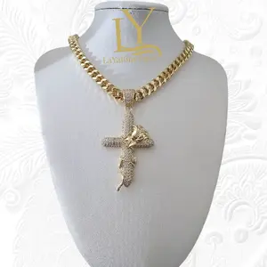LaYaiBoutique #1303 Cross and rose necklace 14k gold plated high quality