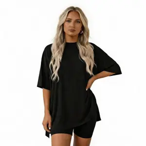 Home Lounge & Relax Scene | Women's Summer Crewneck Two-Piece Set | Oversized Split-Hem Shirt + Side-Pocket Biker Shorts | Soft Viscose Easy-Care