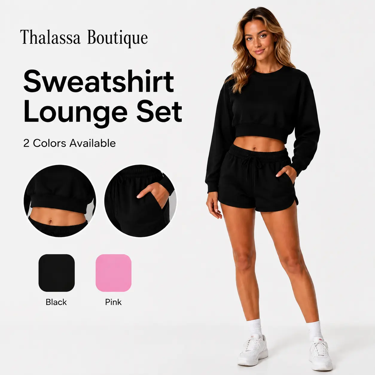 Y2K Women 2 Piece Outfit Black Cropped Crewneck Sweatshirt High Waist Pocket Shorts Casual Sweatsuit Loungewear