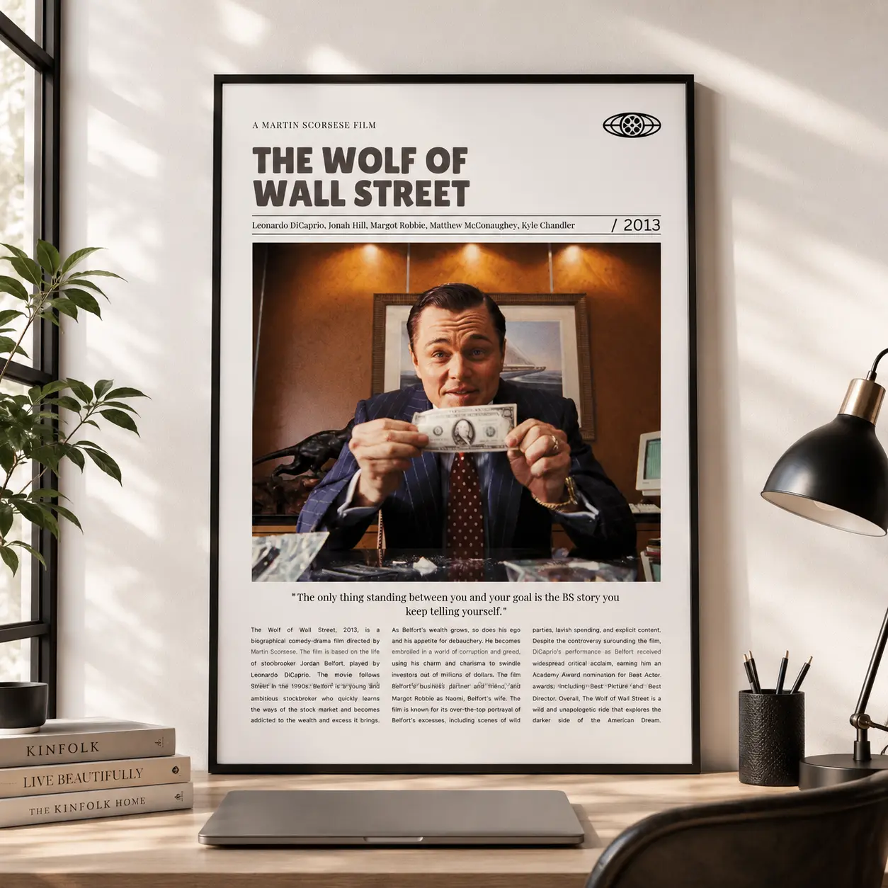 The Wolf of  Street Framed   Art, Retro Movie Inspired Ready-to-Hang  Print for Bedroom, Game Room, Office, Living Room, or Man Cave Decor, Classic Film  Decoration, Gift for Men and Movie Fans