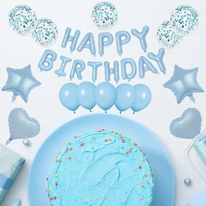 Light Blue Birthday Balloon Set, Happy Birthday Foil Banner Star Heart Confetti Latex Balloons for Birthday Party Backdrop Decor