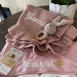 Personalized 3/Pieces embroidered Baby Blanket Set, Soft Textiles for Infants