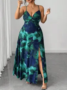 Plus Size Dark Gradient Floral Print Strapless Long Flared Slit Dress, Deep V Knot Waist Flare, Sexy Elegant Style for Date Evening, Womenswear