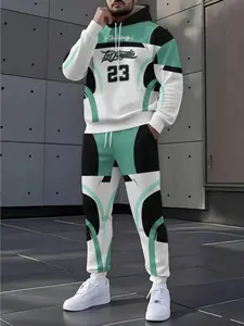 Men's 3D Standard Code Casual Fashion Printed Hoodie and Sweatpants Set, Athletic Activewear Tracksuits, Football Colorblock Pattern, Fall & Winter Outdoor Activities