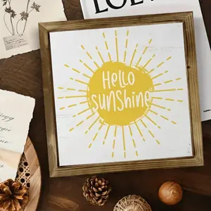 2D Hello Sunshine Wooden Wall Art Decor - 8x8 Inch Tabletop or Hanging Decoration-Golden Rays-for Living Room, Kitchen, Office, Bathroom Durable Artwork, Decorative Sign