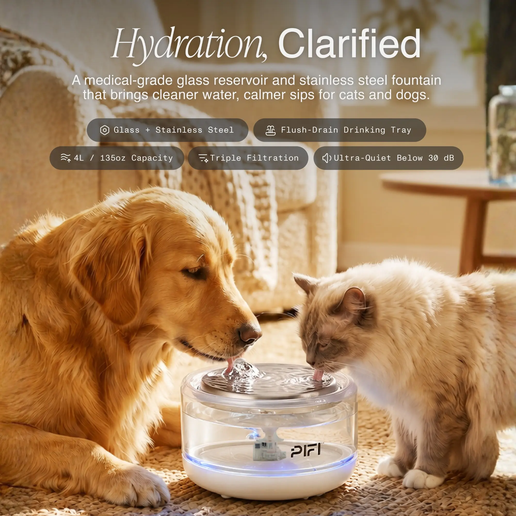 PiFi 4L Glass Pet Water Fountain for Cats & Dogs, Stainless Steel Tray, Triple Filtration, Quiet Pump, LED Light, BPA-Free No-Plastic-Taste Indoor Dispenser